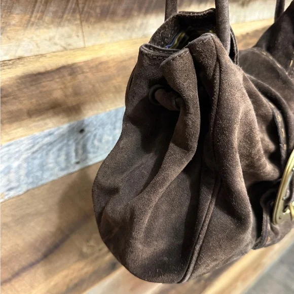Suede Shoulder Bag with Brass Ring Accent - Brown - Picture 4 of 9